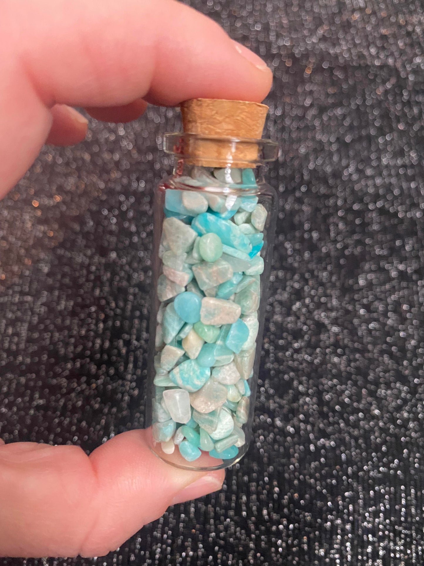 Amazonite Crystal chips raw tumbled rock fragments in mini wish glass bottles healing stones crystal business shop Feng Shui Love mixed Ryde Sydney Australia art project supplies.jpg