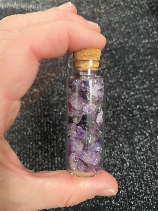 Amethyst quartz crystal raw tumbled rock chip fragments in mini wish glass bottles healing stones crystal business shop Feng Shui Love mixed Ryde Sydney Australia art project supplies