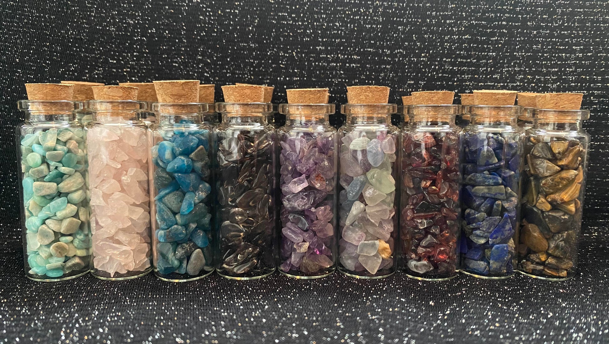 raw tumbled rock chip fragments in mini wish glass bottles healing stones crystal business shop Feng Shui Love mixed Ryde Sydney Australia art project supplies