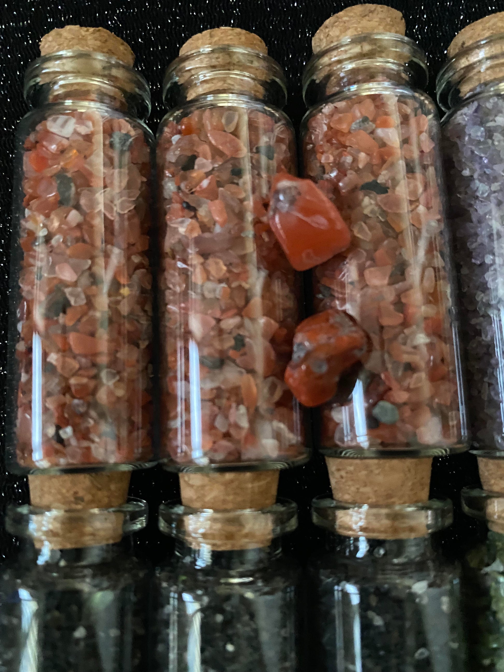 Crystal raw rock chip fragments in mini wish glass bottles healing stones crystal business shop Prehnite Tourmaline Amethyst Rose Quartz Carnelian moonstone mixed Ryde Sydney Australia