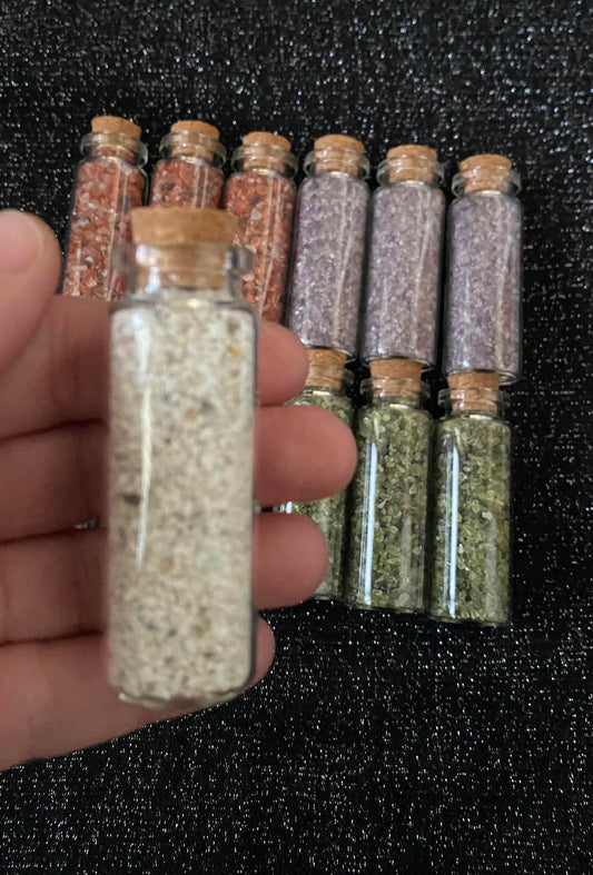 Crystal raw rock chip fragments in mini wish glass bottles healing stones crystal business shop Prehnite Tourmaline Amethyst Rose Quartz Carnelian moonstone mixed Ryde Sydney Australia