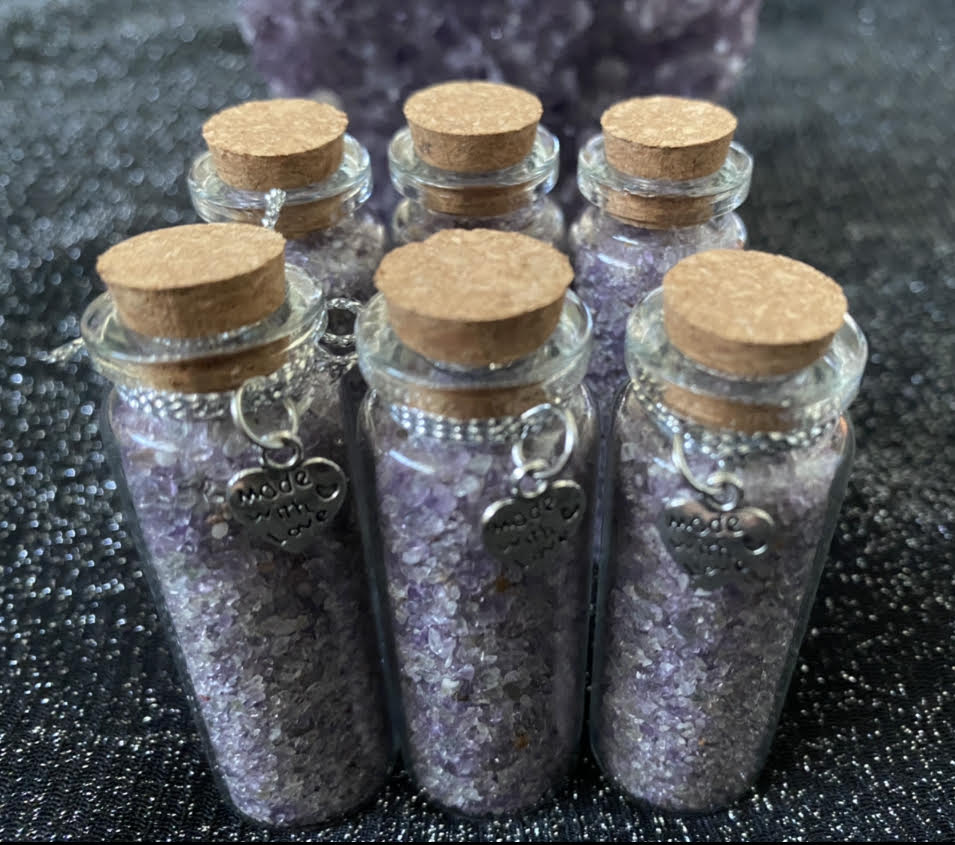 Amethyst Crystal raw rock chip fragments in mini wish glass bottles healing stones crystal business shop Prehnite Tourmaline Amethyst Rose Quartz Carnelian moonstone mixed Ryde Sydney Australia.jpg