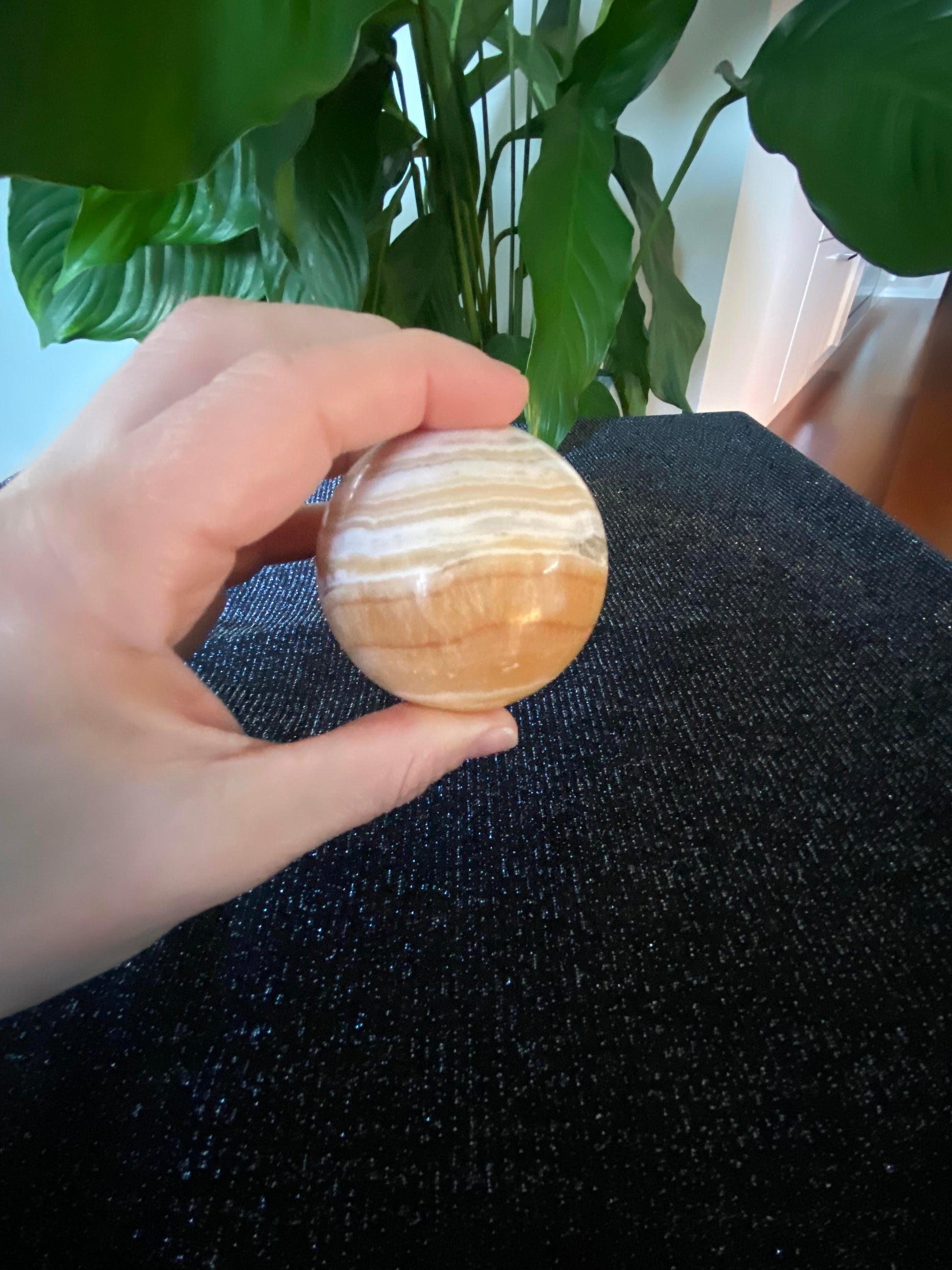 Dendritic banded honey Calcite crystal sphere - 280 grams - 6.3cm Feng Shui Crystal business shop Ryde Sydney Australia Healing chakra Jupiter