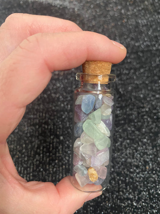 Fluorite Crystal raw tumbled rock chip fragments in mini wish glass bottles healing stones crystal business shop Feng Shui Love mixed Ryde Sydney Australia art project supplies