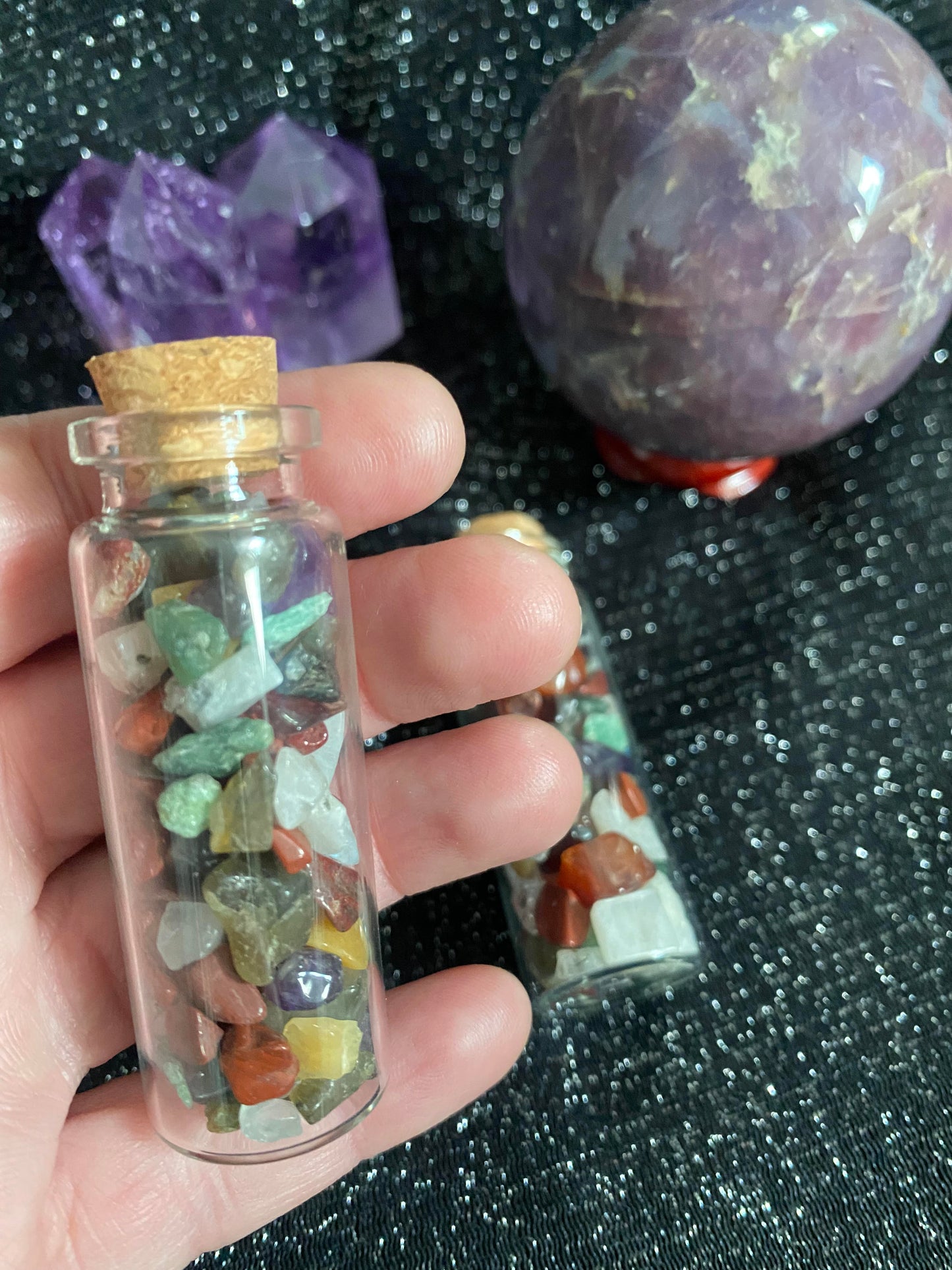 Mixed crystal chips mini glass bottle Amethyst, Green Aventurine Red Jasper, Moss Agate, Carnelian and Clear Quartz.healing stones crystal business shop Ryde Sydney Australia free gift art supplies project