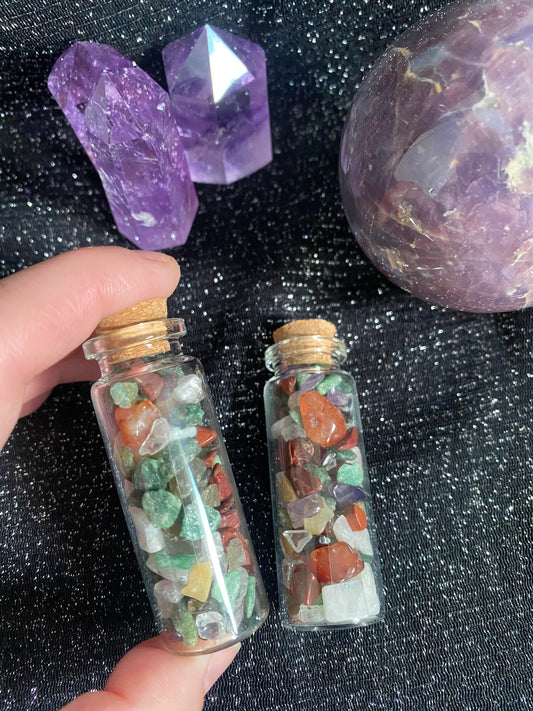 Mixed crystal chips mini glass bottle Amethyst, Green Aventurine Red Jasper, Moss Agate, Carnelian and Clear Quartz.healing stones crystal business shop Ryde Sydney Australia free gift art supplies project