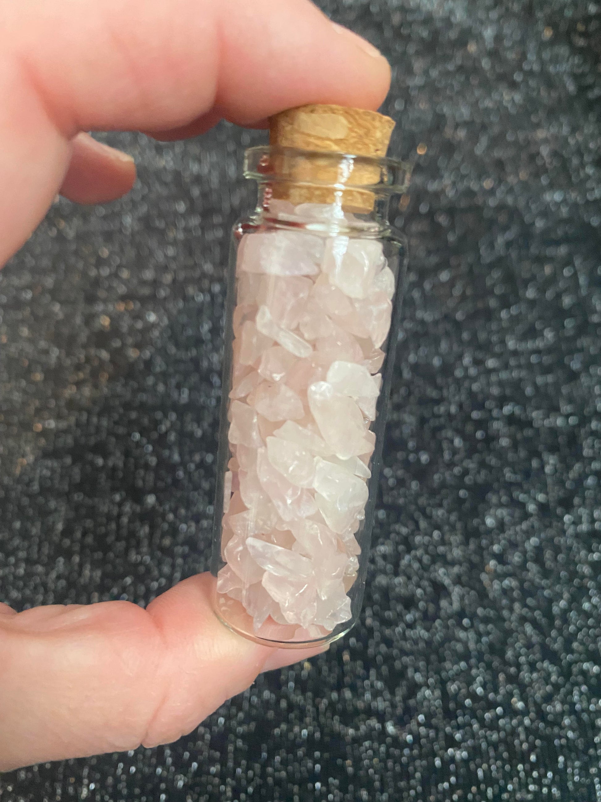 Rose Quartz Crystal raw rock chip fragments in mini wish glass bottles healing stones crystal business shop Feng Shui Love