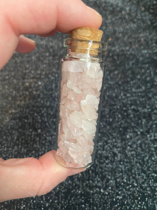 Rose Quartz Crystal raw rock chip fragments in mini wish glass bottles healing stones crystal business shop Feng Shui Love