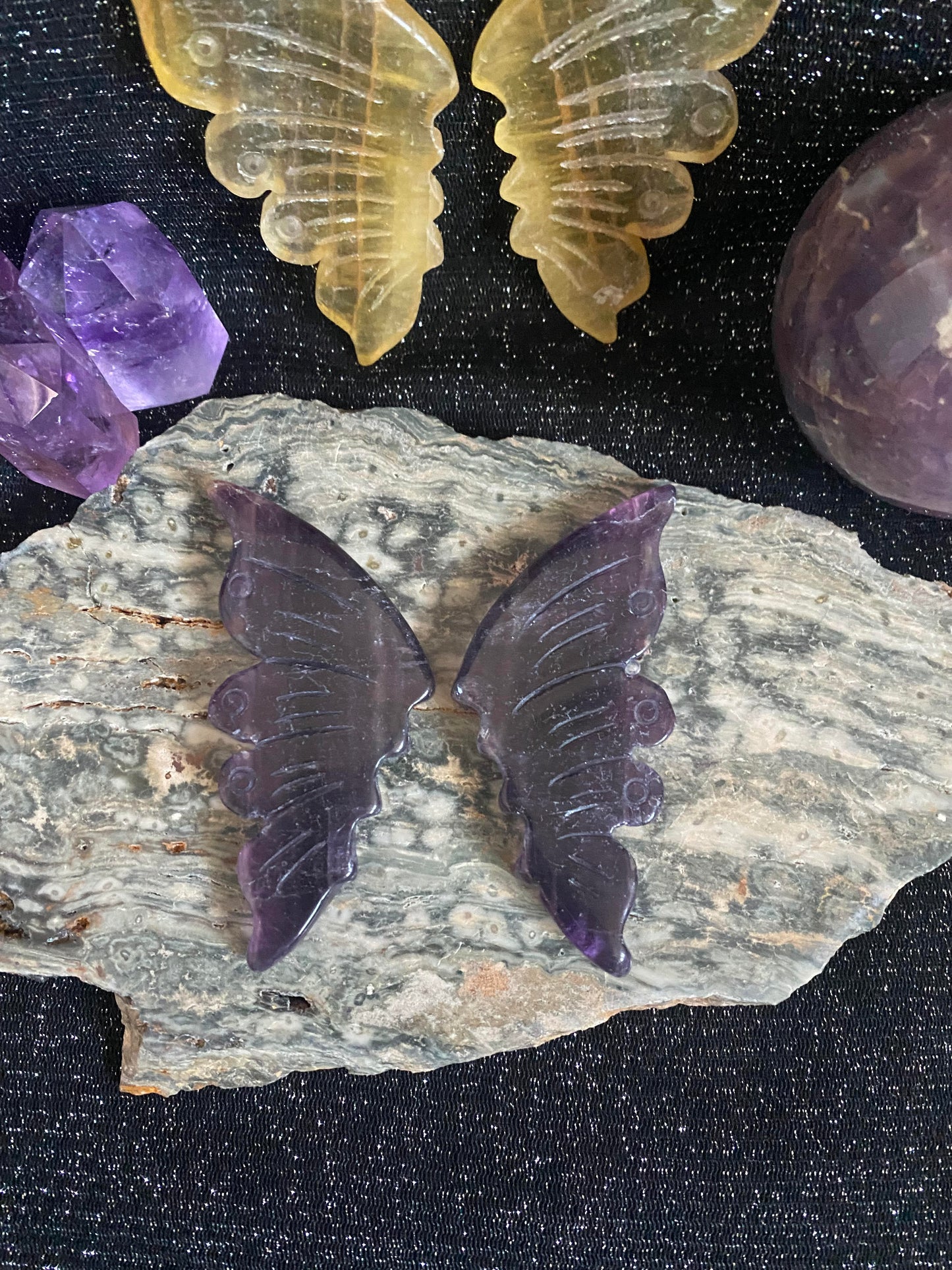 Purple fluorite butterly hand carved rock specimen mineral raw Feng Shui crystal shop business Ryde Sydney Australia healing stone